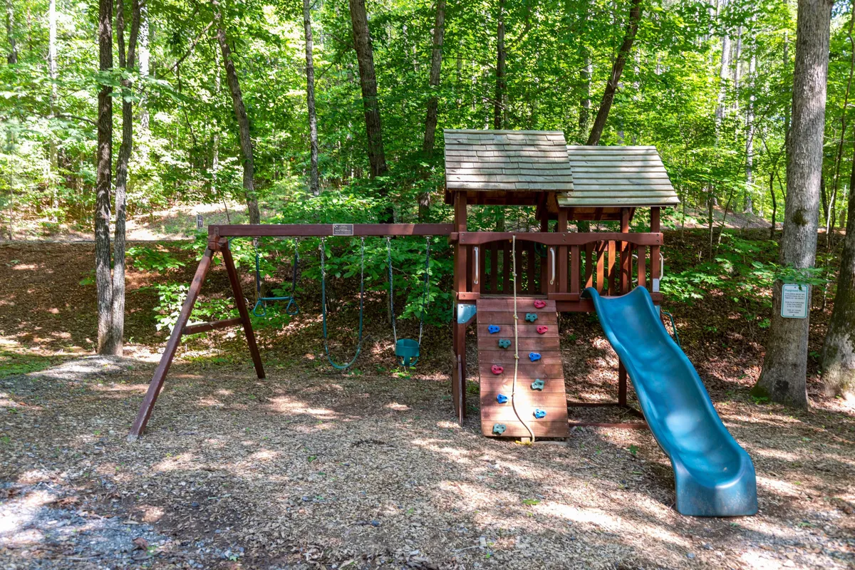 A colorful playground with a slide, climbing wall, and swing set nestled among trees. The inviting structure encourages outdoor play and family fun, while the natural backdrop underscores the area's community spirit and recreational opportunities for all ages.
