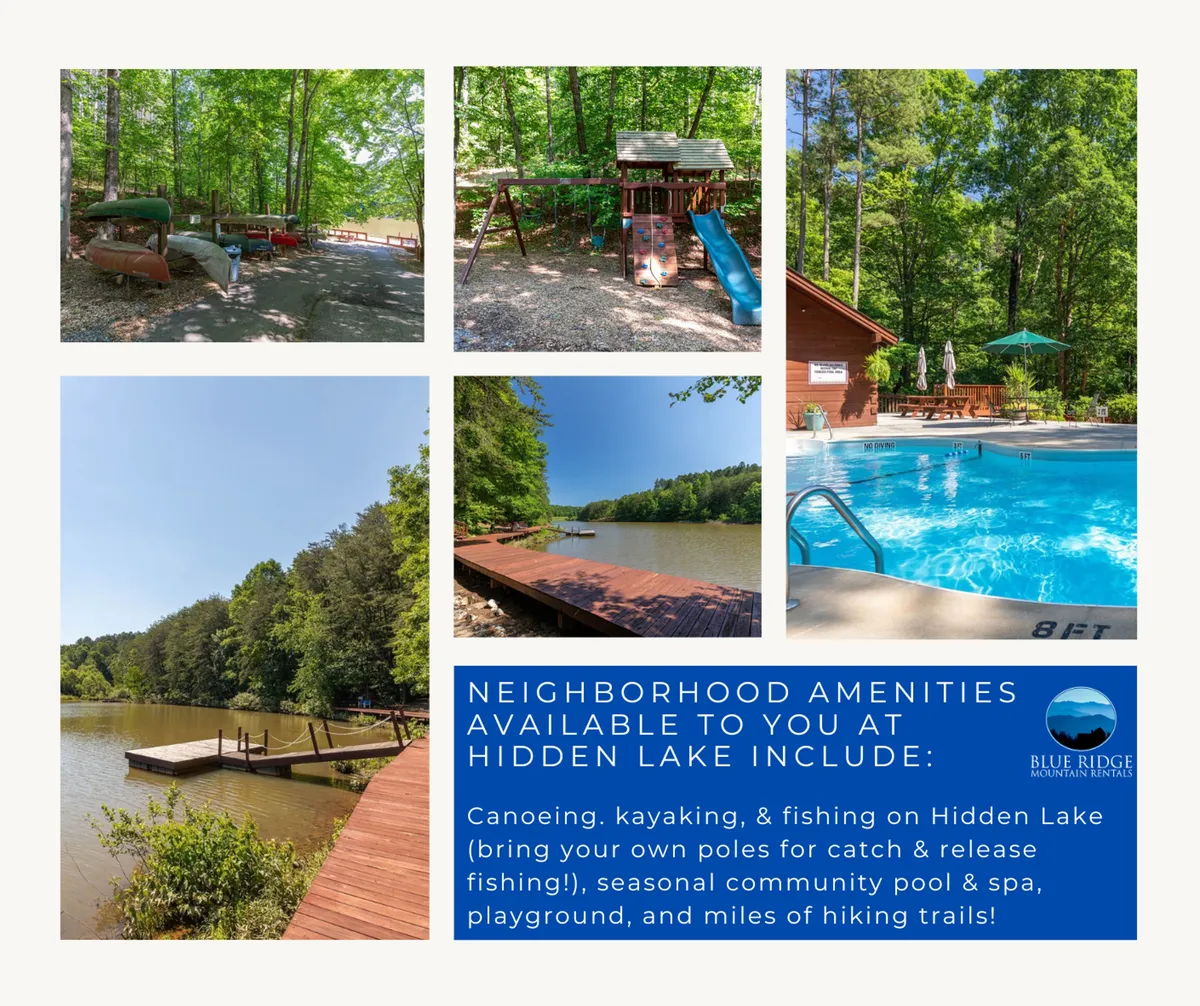 This lively exterior scene brings together the main lakeside amenities: canoes docked by the water, the playground equipment nearby, the swimming pool, and the beginning of hiking trails weaving through the pine trees. The soft sunset light and joyful atmosphere suggest families enjoying outdoor adventures and shared activities.